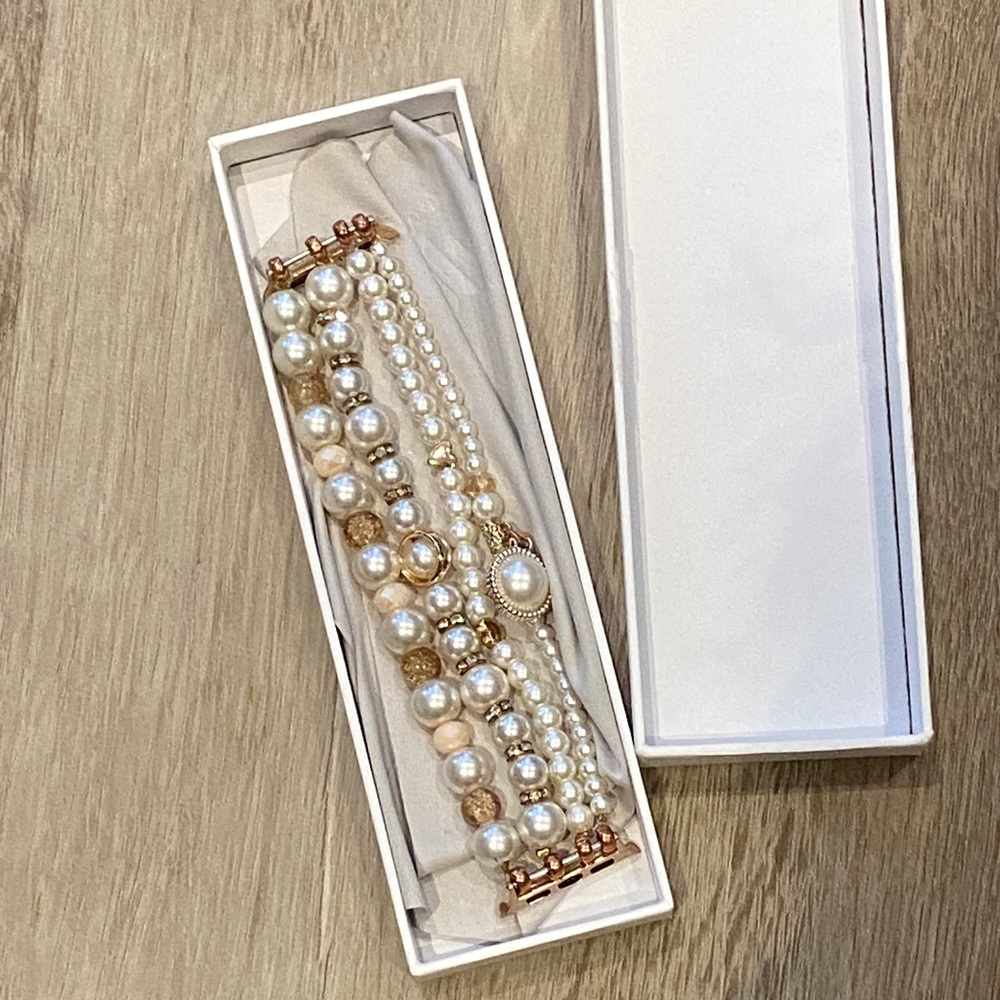 Faux Pearl Multi-Strand Bracelet Watch Band with Gold Accents - Cream/Gold